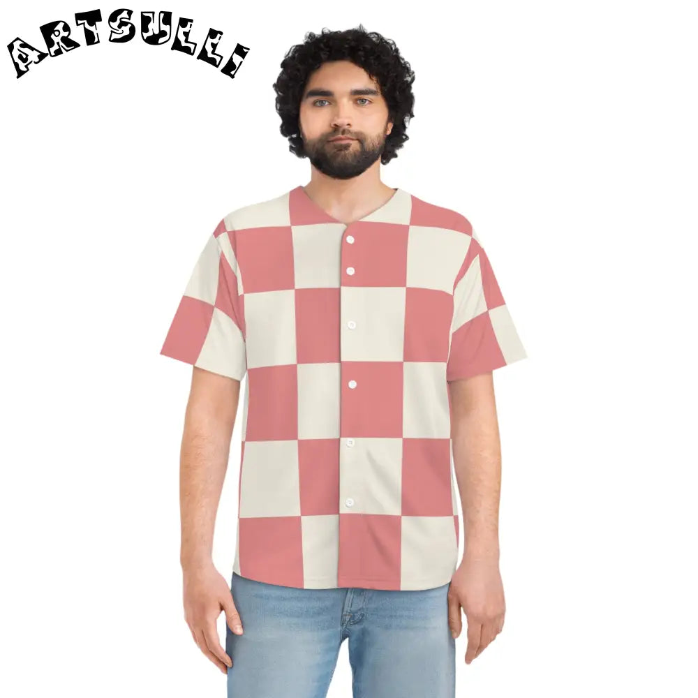 Pink Checkerboard Artistic Baseball Jersey, Artsulli - Art is Long, Life is Short, All Over Prints, , , , , , , 