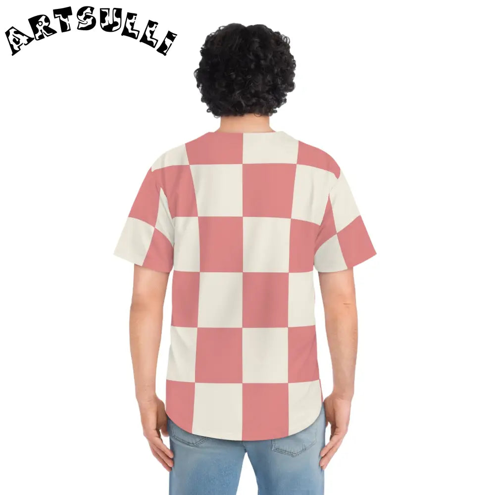 Pink Checkerboard Artistic Baseball Jersey, Artsulli - Art is Long, Life is Short, All Over Prints, , , , , , , 
