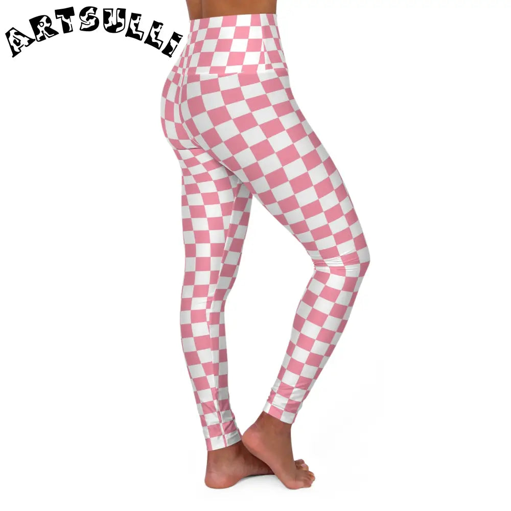 Pink Checkerboard Double Layer Waistband Yoga Leggings, Artsulli - Art is Long, Life is Short, All Over Prints, , , , , , , 