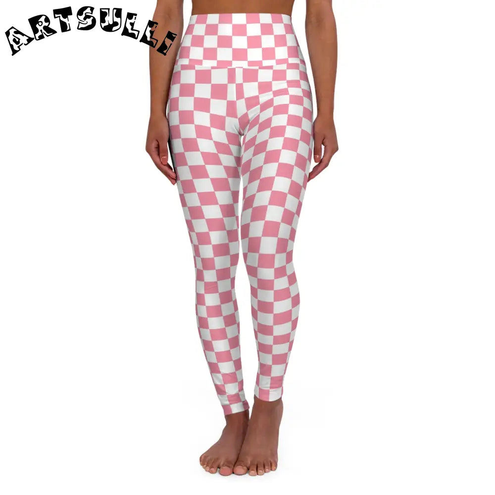 Pink Checkerboard Double Layer Waistband Yoga Leggings, Artsulli - Art is Long, Life is Short, All Over Prints, Size, XS, , , , , 19882174574039140860