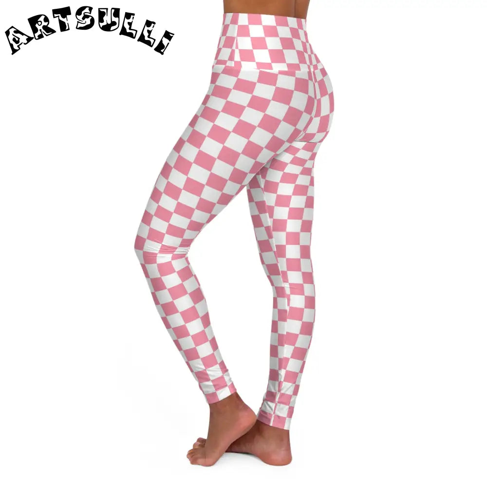 Pink Checkerboard Double Layer Waistband Yoga Leggings, Artsulli - Art is Long, Life is Short, All Over Prints, , , , , , , 