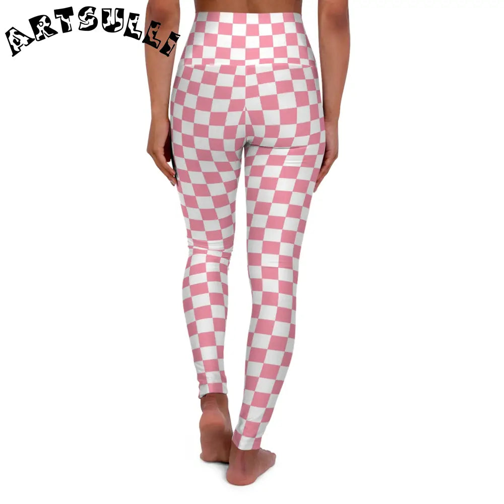 Pink Checkerboard Double Layer Waistband Yoga Leggings, Artsulli - Art is Long, Life is Short, All Over Prints, , , , , , , 