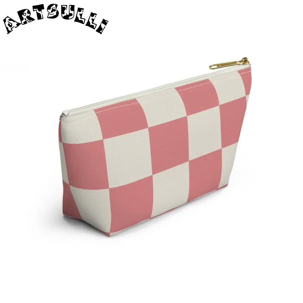 Pink Checkered Cosmetic Travel Bag and Pencil Case, Artsulli - Art is Long, Life is Short, Bags, , , , , , , 