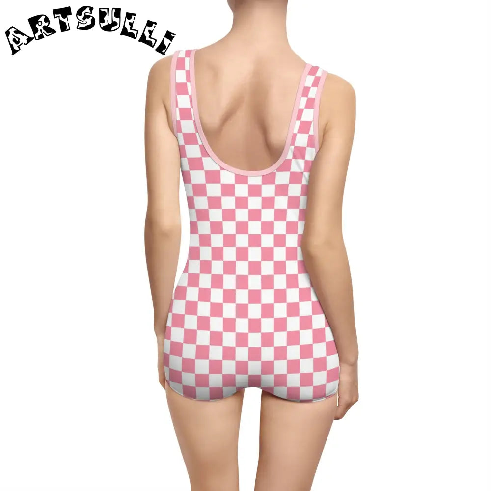 Pink Checkered Illustration Printed One-Piece Swimsuit, Artsulli - Art is Long, Life is Short, All Over Prints, , , , , , , 