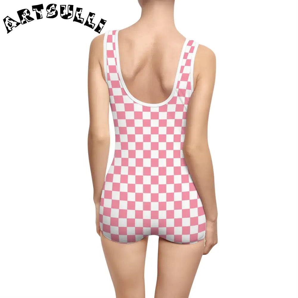 Pink Checkered Illustration Printed One-Piece Swimsuit, Artsulli - Art is Long, Life is Short, All Over Prints, , , , , , , 