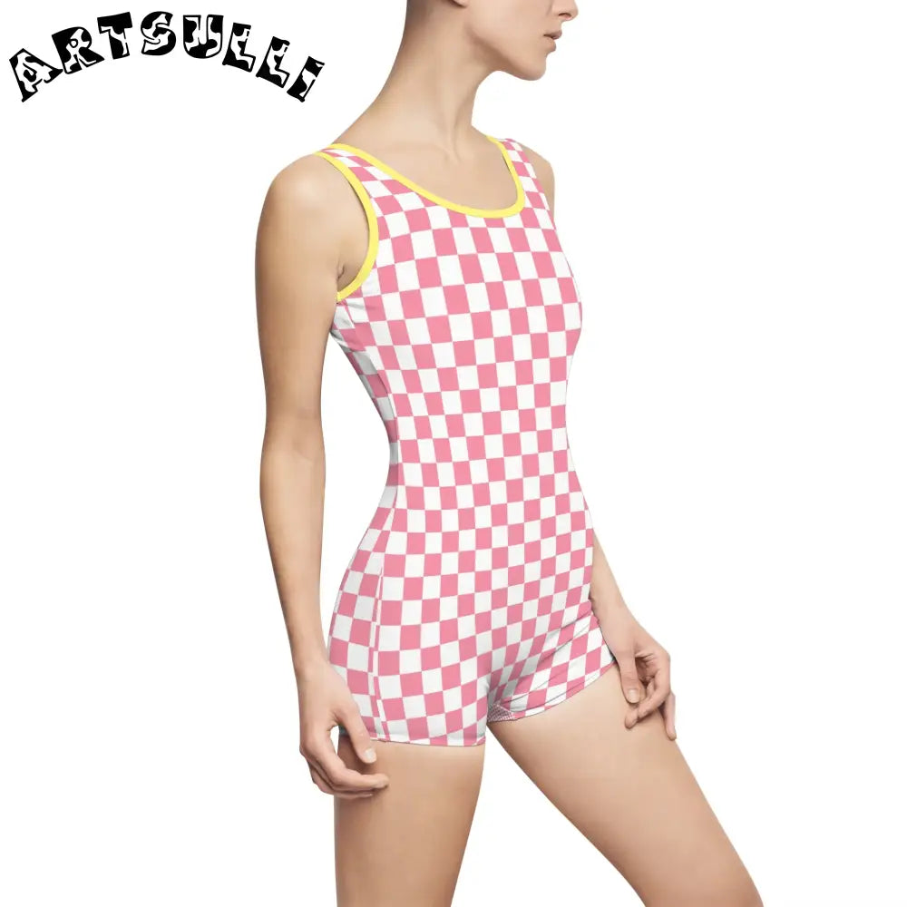 Pink Checkered Illustration Printed One-Piece Swimsuit, Artsulli - Art is Long, Life is Short, All Over Prints, , , , , , , 