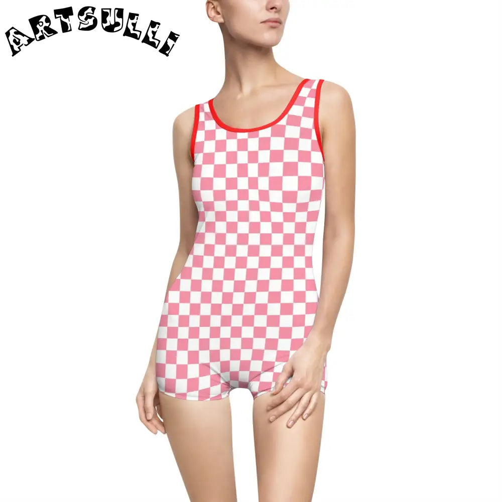 Pink Checkered Illustration Printed One-Piece Swimsuit, Artsulli - Art is Long, Life is Short, All Over Prints, Color, Red, Size, XS, , , 29266108078239826161