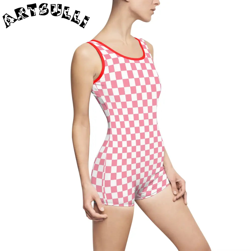 Pink Checkered Illustration Printed One-Piece Swimsuit, Artsulli - Art is Long, Life is Short, All Over Prints, , , , , , , 