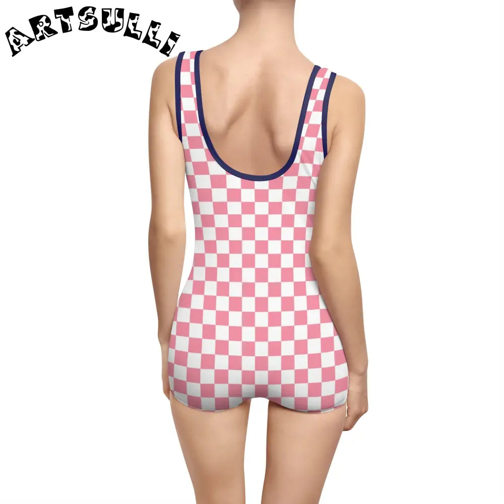 Pink Checkered Illustration Printed One-Piece Swimsuit, Artsulli - Art is Long, Life is Short, All Over Prints, , , , , , , 