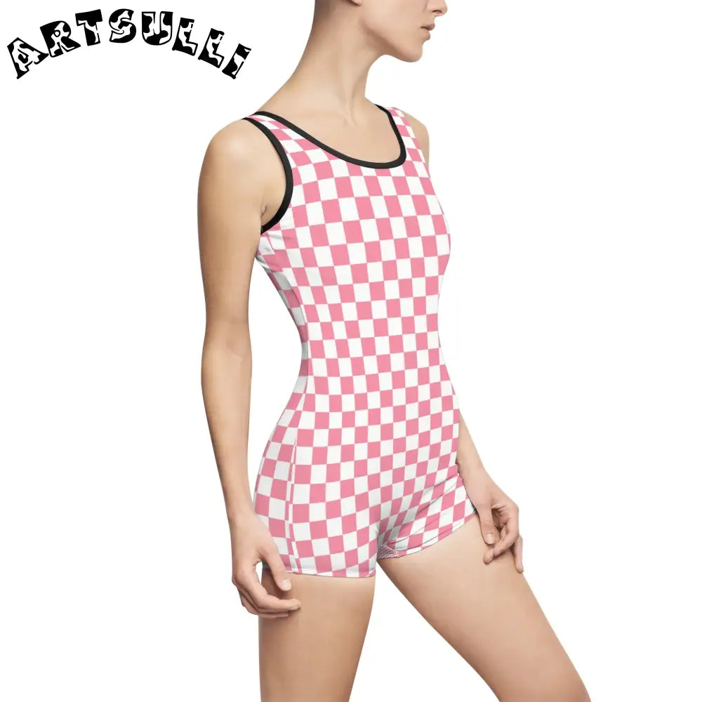 Pink Checkered Illustration Printed One-Piece Swimsuit, Artsulli - Art is Long, Life is Short, All Over Prints, , , , , , , 