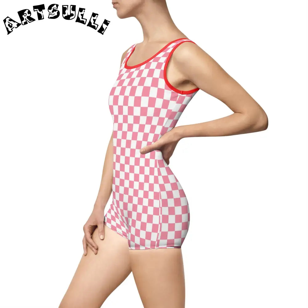 Pink Checkered Illustration Printed One-Piece Swimsuit, Artsulli - Art is Long, Life is Short, All Over Prints, , , , , , , 