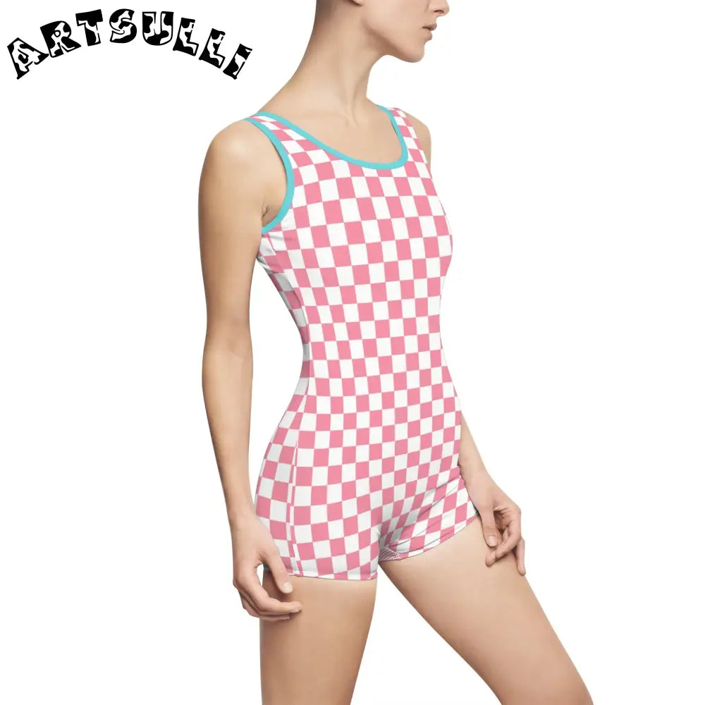 Pink Checkered Illustration Printed One-Piece Swimsuit, Artsulli - Art is Long, Life is Short, All Over Prints, , , , , , , 