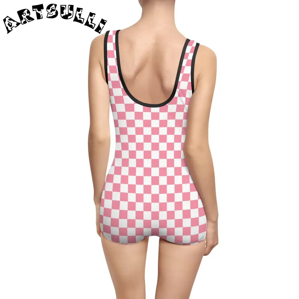 Pink Checkered Illustration Printed One-Piece Swimsuit, Artsulli - Art is Long, Life is Short, All Over Prints, , , , , , , 