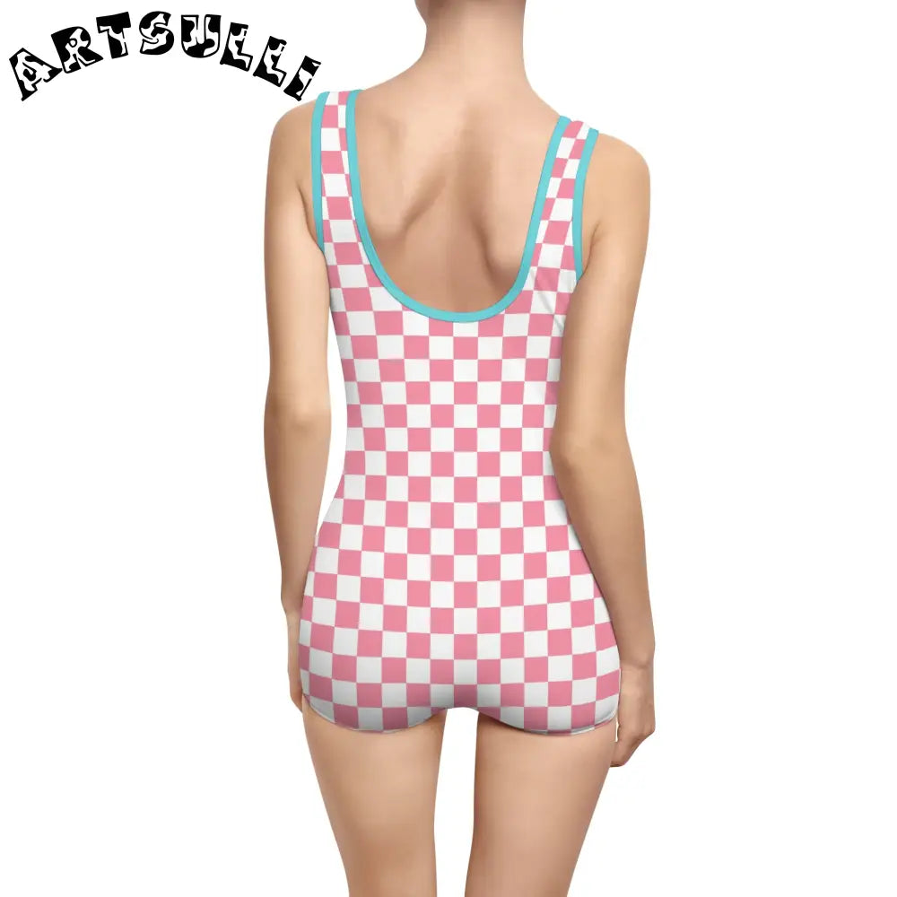 Pink Checkered Illustration Printed One-Piece Swimsuit, Artsulli - Art is Long, Life is Short, All Over Prints, , , , , , , 
