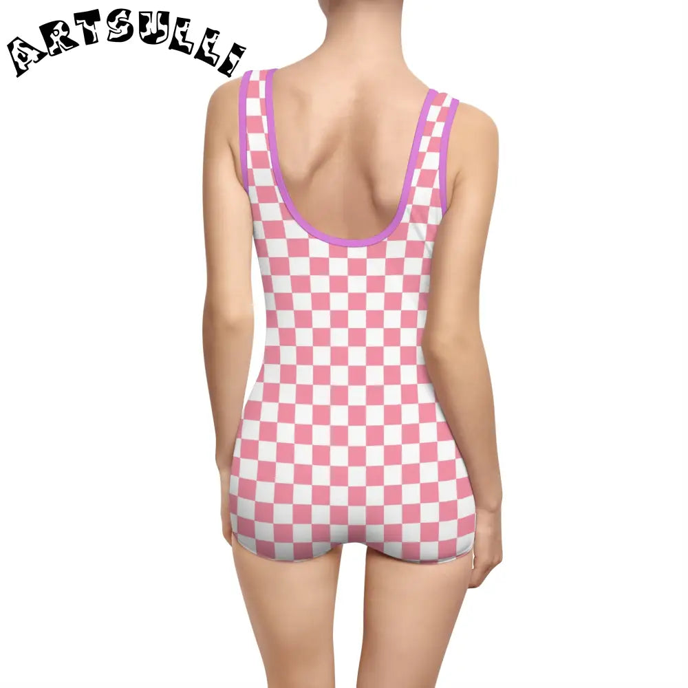 Pink Checkered Illustration Printed One-Piece Swimsuit, Artsulli - Art is Long, Life is Short, All Over Prints, , , , , , , 
