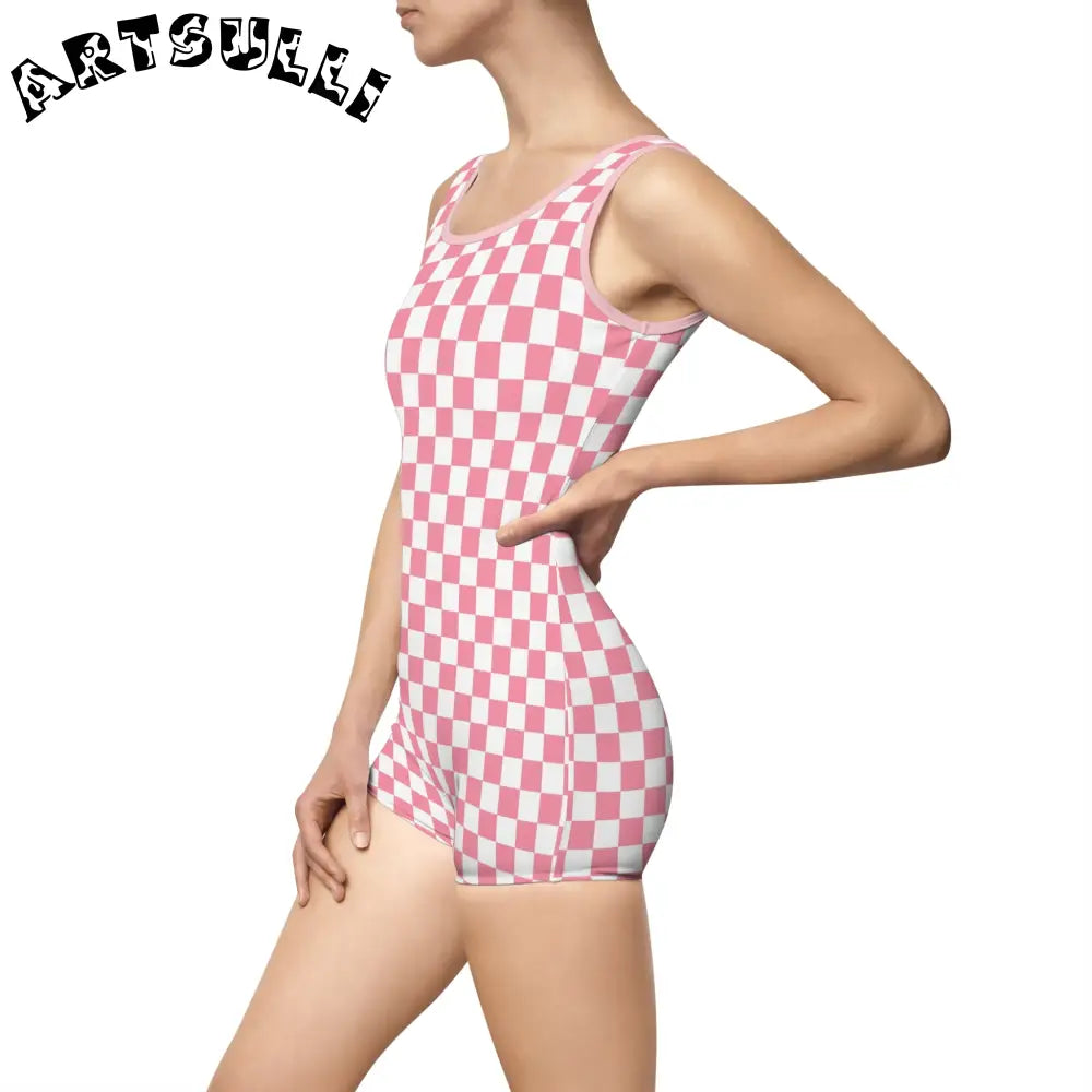 Pink Checkered Illustration Printed One-Piece Swimsuit, Artsulli - Art is Long, Life is Short, All Over Prints, , , , , , , 