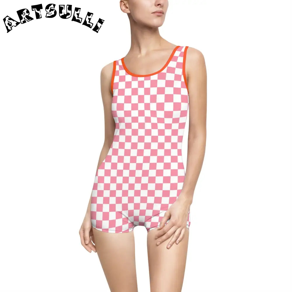 Pink Checkered Illustration Printed One-Piece Swimsuit, Artsulli - Art is Long, Life is Short, All Over Prints, Color, Orange, Size, XS, , , 31080782724029069099