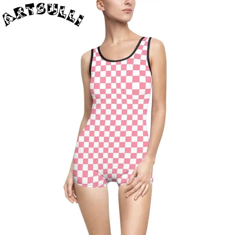 Pink Checkered Illustration Printed One-Piece Swimsuit, Artsulli - Art is Long, Life is Short, All Over Prints, Color, Black, Size, XS, , , 16258405395498898142