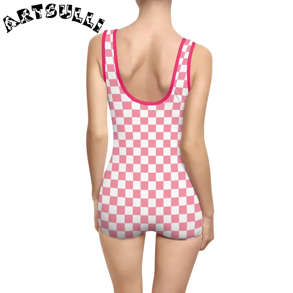Pink Checkered Illustration Printed One-Piece Swimsuit, Artsulli - Art is Long, Life is Short, All Over Prints, , , , , , , 