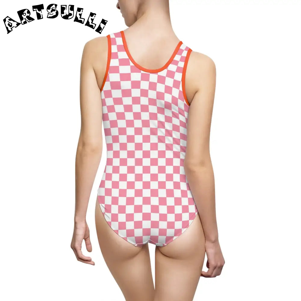 Pink Checkered One Piece Elastic Strap Swimsuit, Artsulli - Art is Long, Life is Short, All Over Prints, , , , , , , 