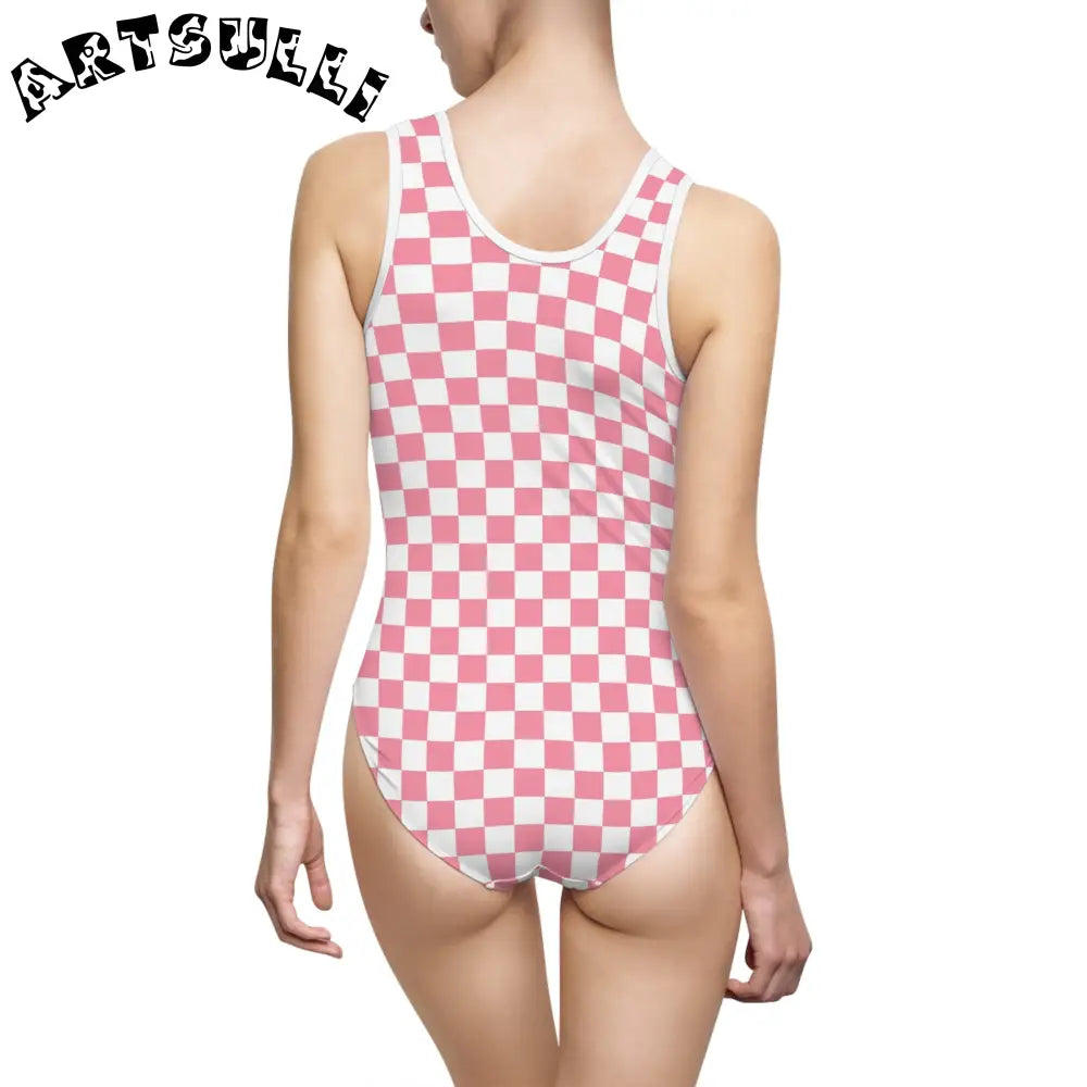 Pink Checkered One Piece Elastic Strap Swimsuit, Artsulli - Art is Long, Life is Short, All Over Prints, , , , , , , 