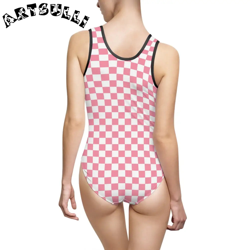 Pink Checkered One Piece Elastic Strap Swimsuit, Artsulli - Art is Long, Life is Short, All Over Prints, , , , , , , 