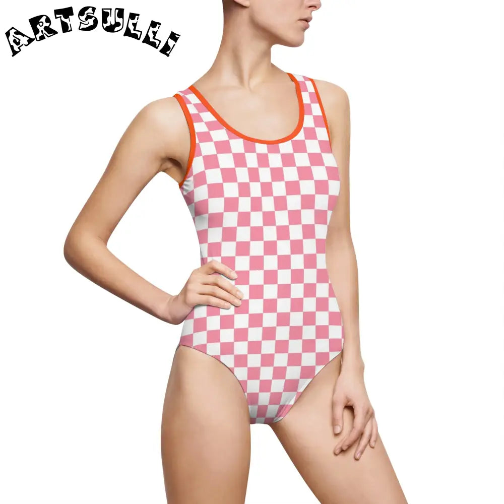 Pink Checkered One Piece Elastic Strap Swimsuit, Artsulli - Art is Long, Life is Short, All Over Prints, Size, XS, Color, Orange, , , 12344945069255361252