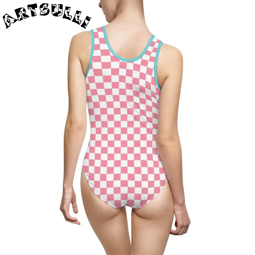 Pink Checkered One Piece Elastic Strap Swimsuit, Artsulli - Art is Long, Life is Short, All Over Prints, , , , , , , 