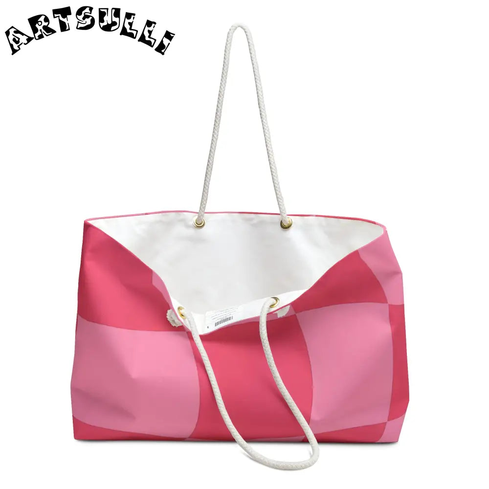 Pink Checkered Oversized Weekender Tote, Artsulli - Art is Long, Life is Short, Bags, , , , , , , 