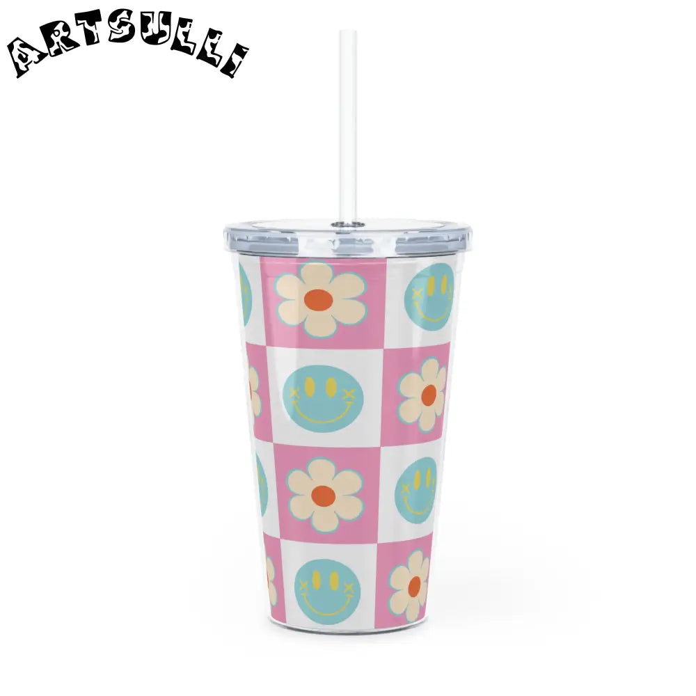 Pink Checkered Plastic Tumbler for a Fun Drinking Experience, Artsulli - Art is Long, Life is Short, Mug, , , , , , , 