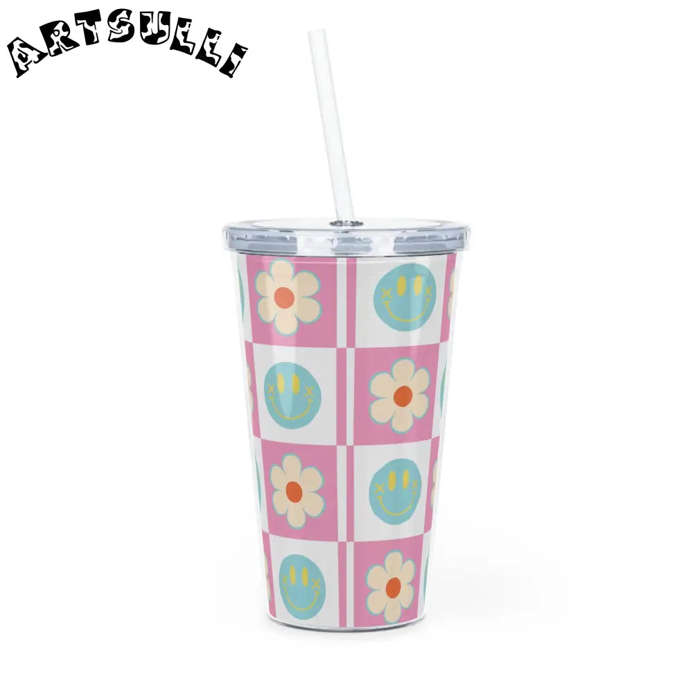 Pink Checkered Plastic Tumbler for a Fun Drinking Experience, Artsulli - Art is Long, Life is Short, Mug, , , , , , , 
