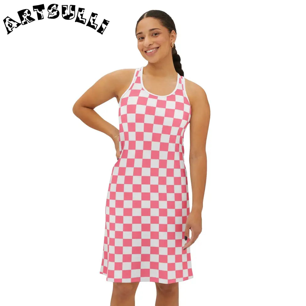 Pink Checkered Prime Illustration Printed Tank Dress, Artsulli - Art is Long, Life is Short, Tank Top, , , , , , , 