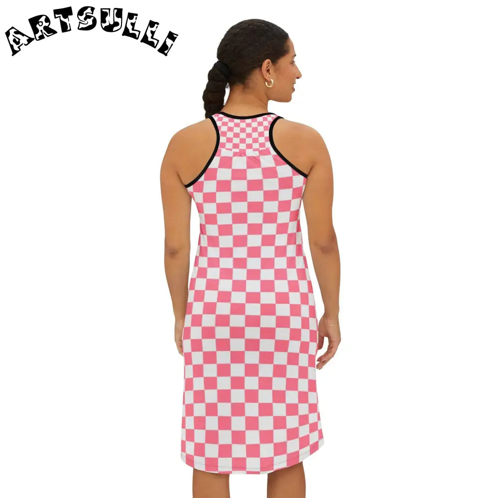 Pink Checkered Prime Illustration Printed Tank Dress, Artsulli - Art is Long, Life is Short, Tank Top, , , , , , , 