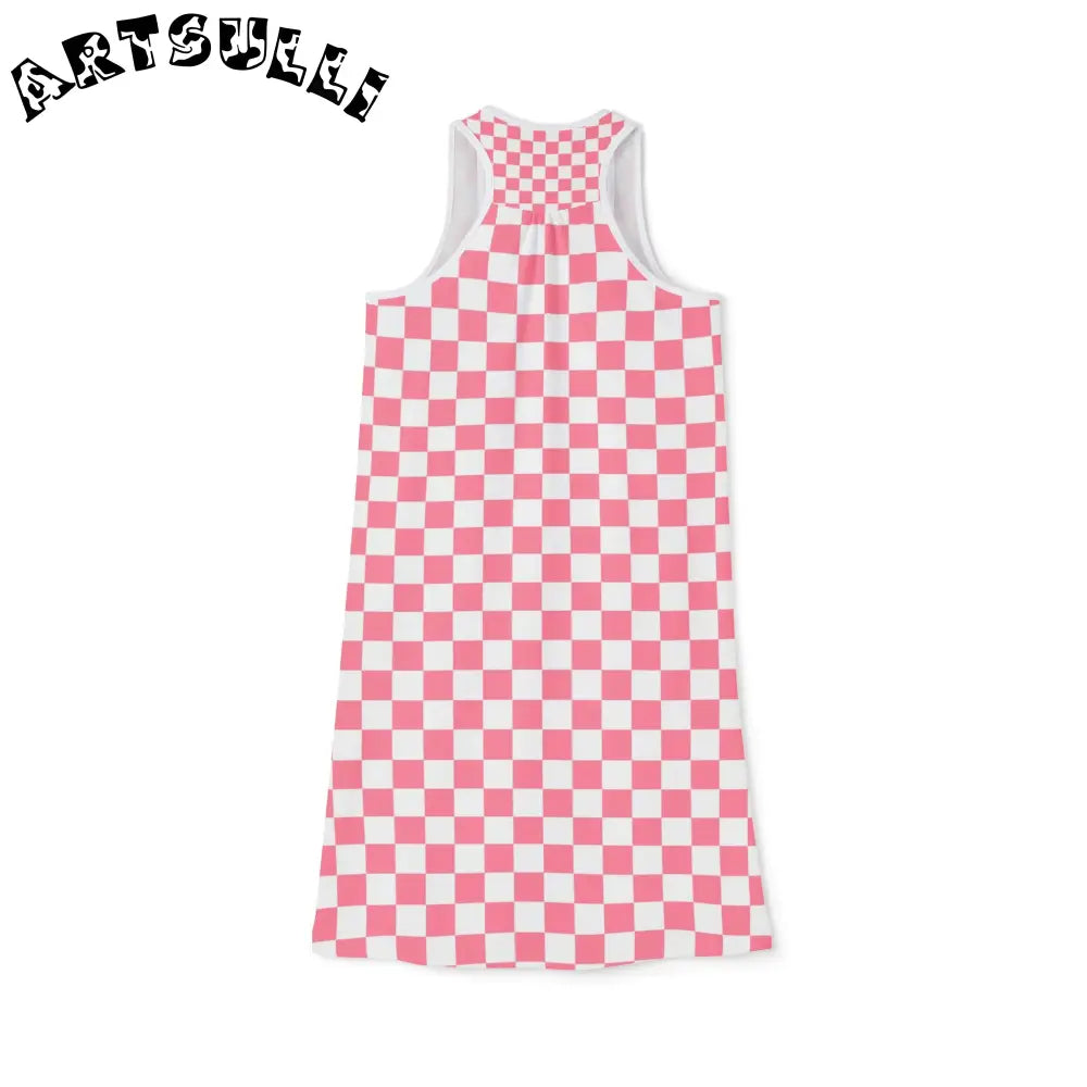 Pink Checkered Prime Illustration Printed Tank Dress, Artsulli - Art is Long, Life is Short, Tank Top, , , , , , , 