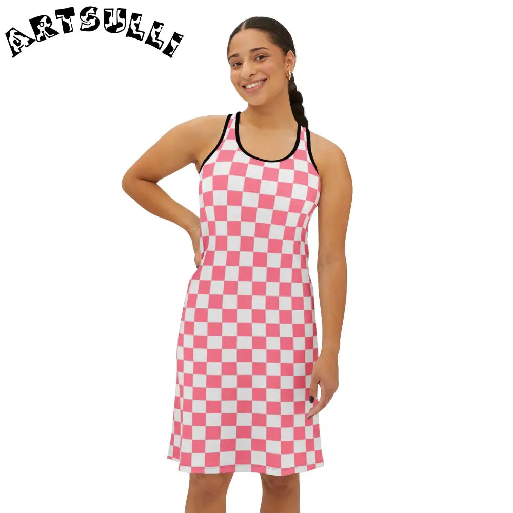 Pink Checkered Prime Illustration Printed Tank Dress, Artsulli - Art is Long, Life is Short, Tank Top, , , , , , , 