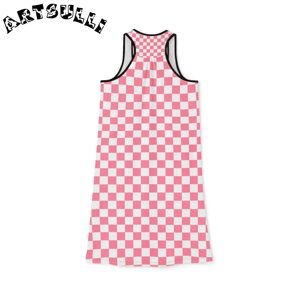 Pink Checkered Prime Illustration Printed Tank Dress, Artsulli - Art is Long, Life is Short, Tank Top, , , , , , , 