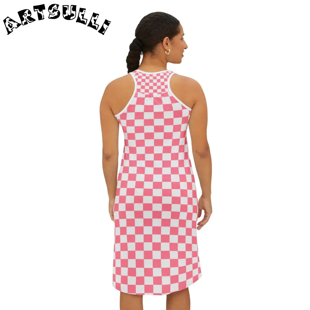 Pink Checkered Prime Illustration Printed Tank Dress, Artsulli - Art is Long, Life is Short, Tank Top, , , , , , , 