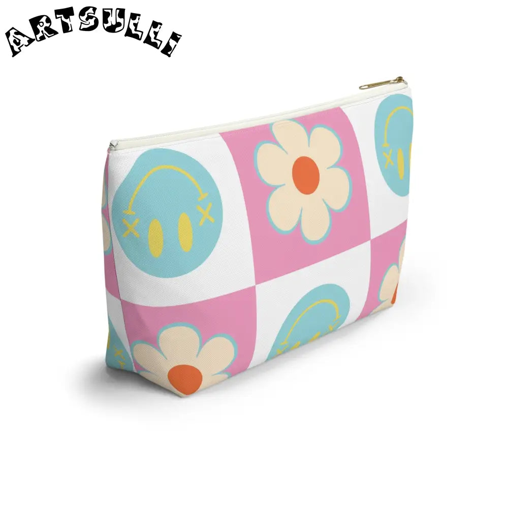 Pink Checkered Smiley Cosmetic Travel Bag, Artsulli - Art is Long, Life is Short, Bags, , , , , , , 