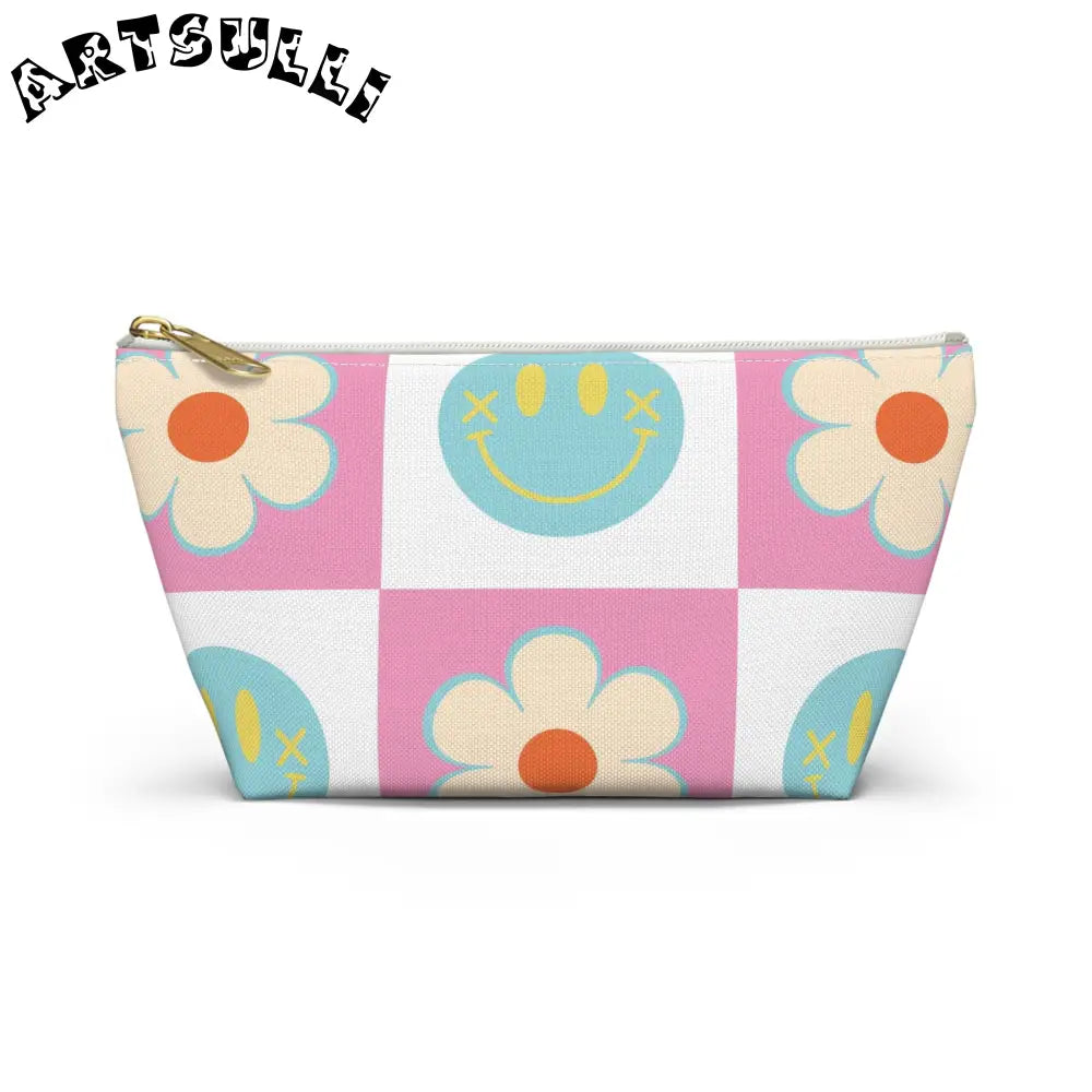 Pink Checkered Smiley Cosmetic Travel Bag, Artsulli - Art is Long, Life is Short, Bags, Size, Small, Color, White zipper, , , 82472786685688820524