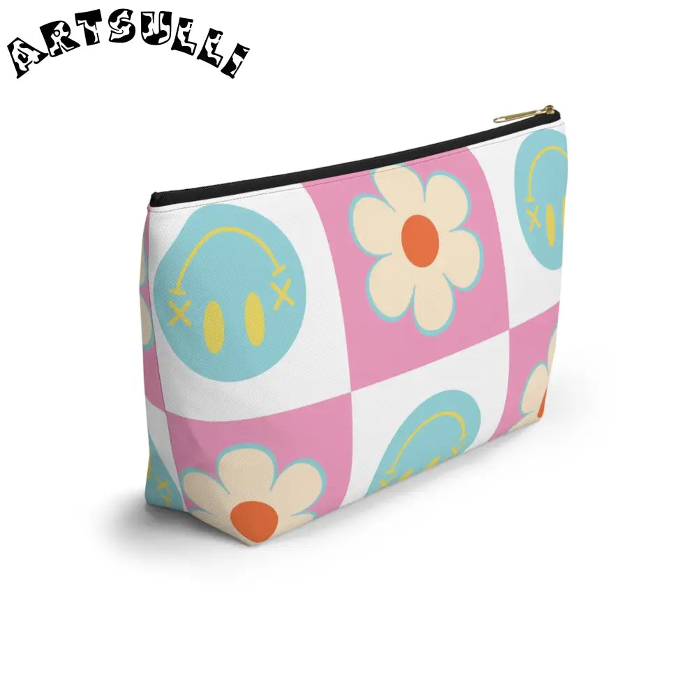 Pink Checkered Smiley Cosmetic Travel Bag, Artsulli - Art is Long, Life is Short, Bags, , , , , , , 