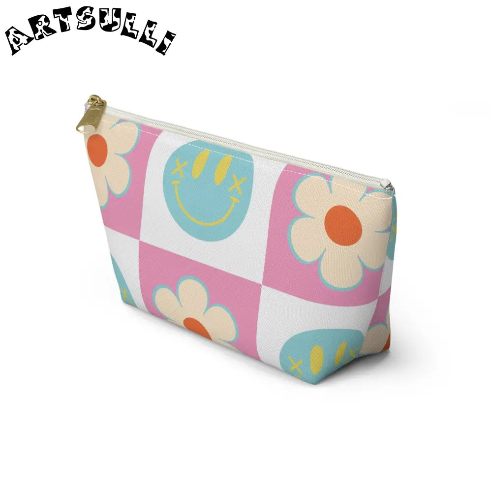 Pink Checkered Smiley Cosmetic Travel Bag, Artsulli - Art is Long, Life is Short, Bags, , , , , , , 