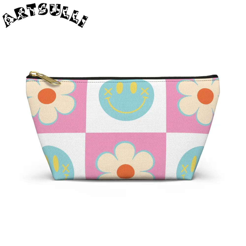 Pink Checkered Smiley Cosmetic Travel Bag, Artsulli - Art is Long, Life is Short, Bags, Size, Small, Color, Black zipper, , , 15349575173816504255