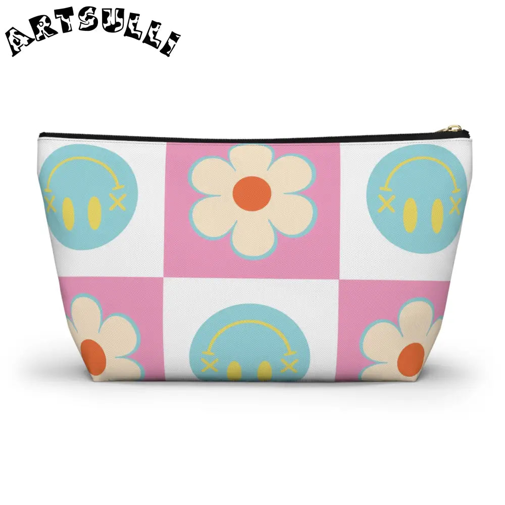 Pink Checkered Smiley Cosmetic Travel Bag, Artsulli - Art is Long, Life is Short, Bags, , , , , , , 