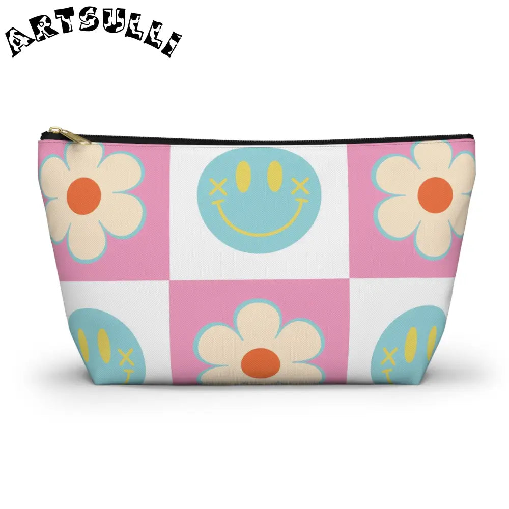 Pink Checkered Smiley Cosmetic Travel Bag, Artsulli - Art is Long, Life is Short, Bags, Size, Large, Color, Black zipper, , , 70141100912365561072