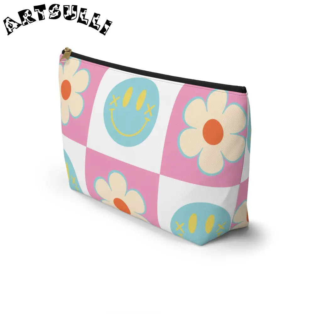 Pink Checkered Smiley Cosmetic Travel Bag, Artsulli - Art is Long, Life is Short, Bags, , , , , , , 