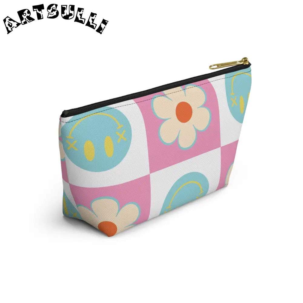 Pink Checkered Smiley Cosmetic Travel Bag, Artsulli - Art is Long, Life is Short, Bags, , , , , , , 
