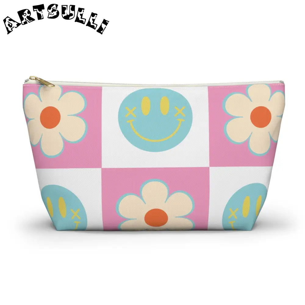 Pink Checkered Smiley Cosmetic Travel Bag, Artsulli - Art is Long, Life is Short, Bags, Size, Large, Color, White zipper, , , 87218267043580267978