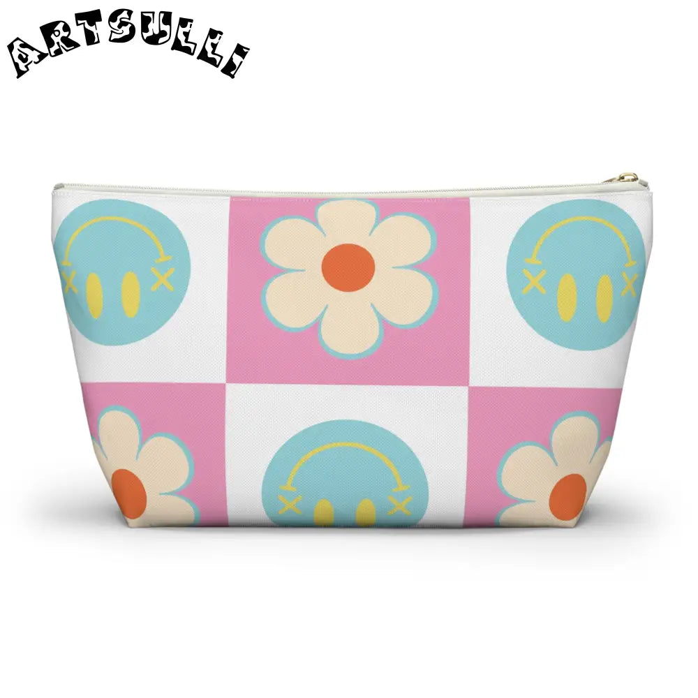 Pink Checkered Smiley Cosmetic Travel Bag, Artsulli - Art is Long, Life is Short, Bags, , , , , , , 