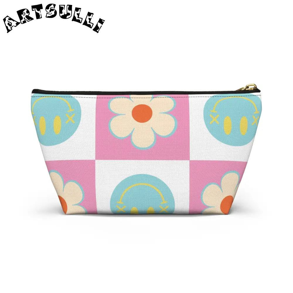 Pink Checkered Smiley Cosmetic Travel Bag, Artsulli - Art is Long, Life is Short, Bags, , , , , , , 