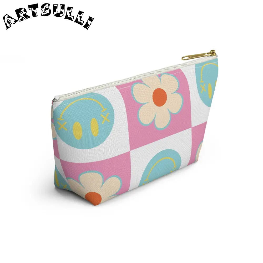 Pink Checkered Smiley Cosmetic Travel Bag, Artsulli - Art is Long, Life is Short, Bags, , , , , , , 